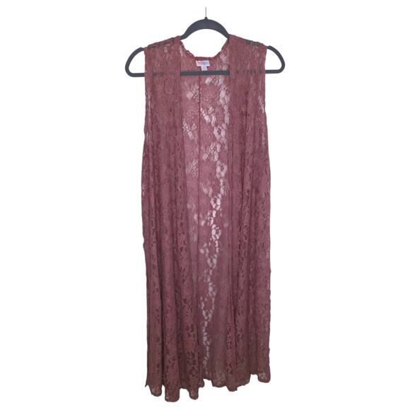 LuLaRoe Joy Vest Large Lace Pink Stretch Longline Layering Duster Boho Romantic - Picture 7 of 8